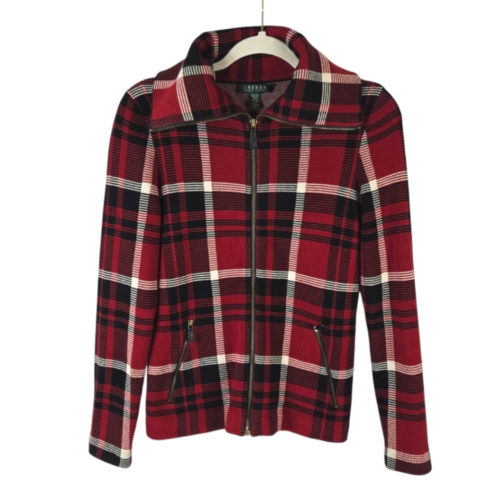 Lauren Ralph Lauren Window Pane Red-Black Cotton Cardigan.